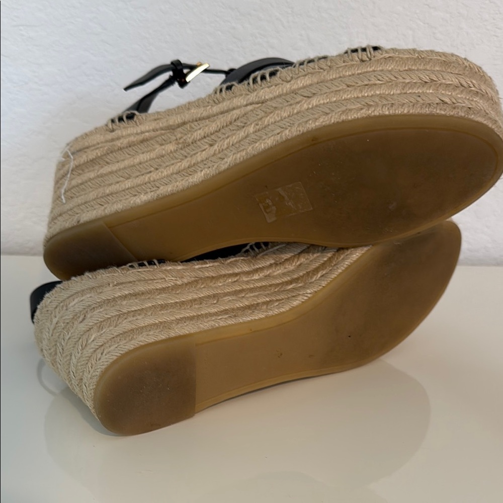 Tory Burch Black Leather Espadrille Wedge Sandals - Picture 7 of 8